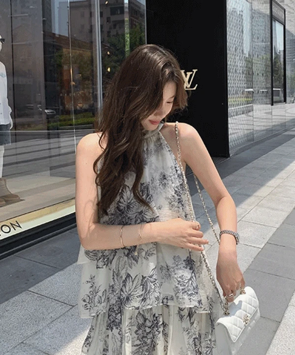 페인팅 플로럴 시스루 캉캉 투피스 세트 블라우스 밴딩치마 시원한 여름 휴양지 러블리 여신핏 여름하객룩 데이트룩 바캉스룩 여리여리