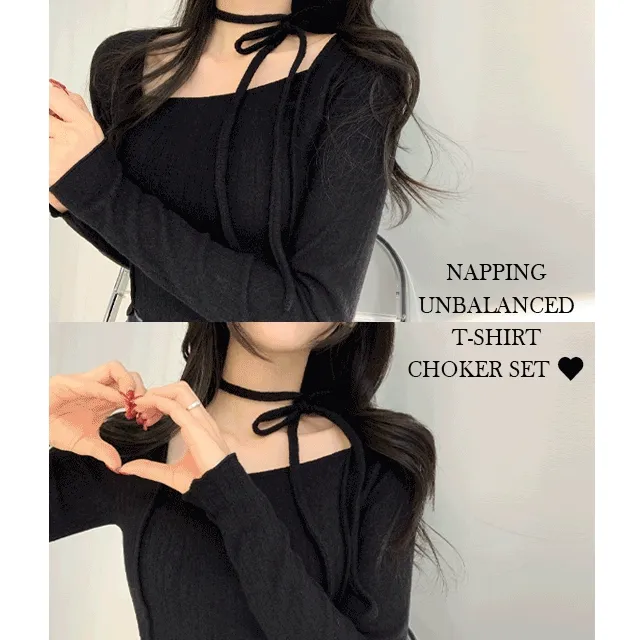 [주문폭주/여리함끝] 로지 언발 기모 티셔츠 초커 세트 (3color)