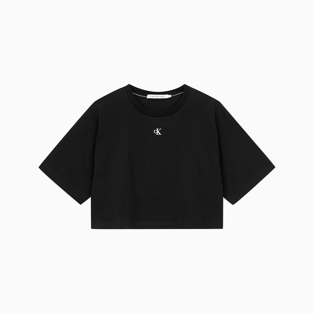 [CK] 여 블랙 그래픽 크롭 반팔 티셔츠 J221110 BEH