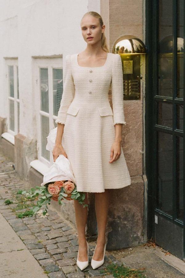 RAMI Square neck flared tweed midi dress (Cream ivory)