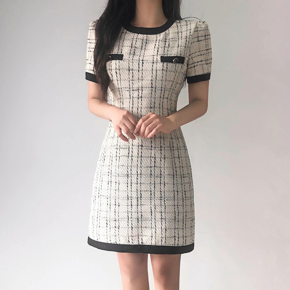 메리다 청순 배색 트위드 반팔 h라인 미디 원피스