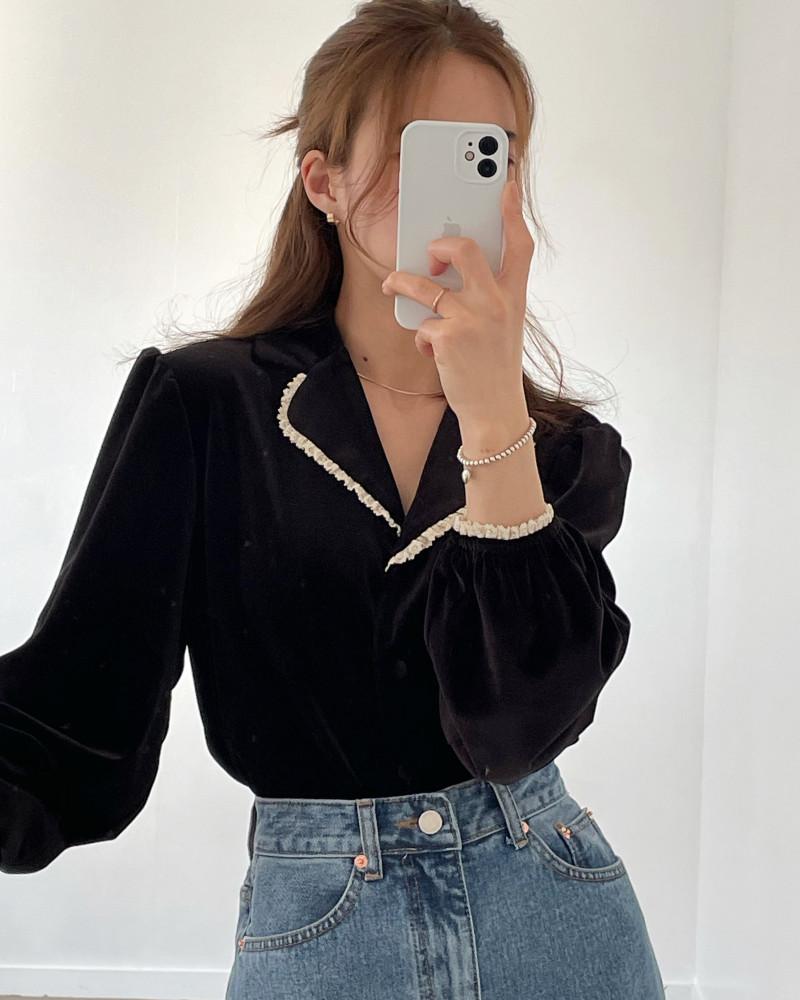 제인 여성 여자 레이스 벨벳 브이넥 연말룩 하객룩 셔링 퍼프 소매 카라 검정 블라우스