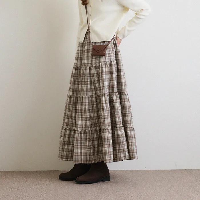 [기장선택] 맥시 티어드 스커트_Brown Check