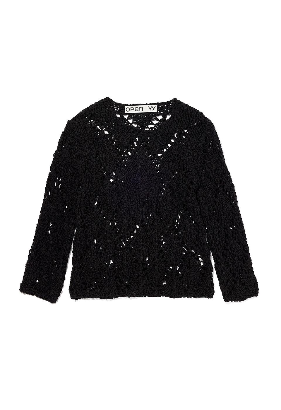 COTTON ARGYLE POINTELLE PULLOVER, BLACK
