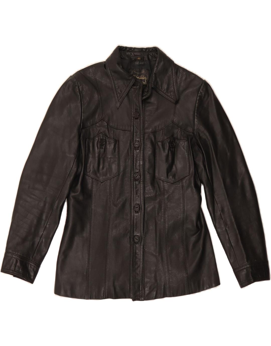 VINTAGE Womens Leather Jacket IT 40 Small Black Leather