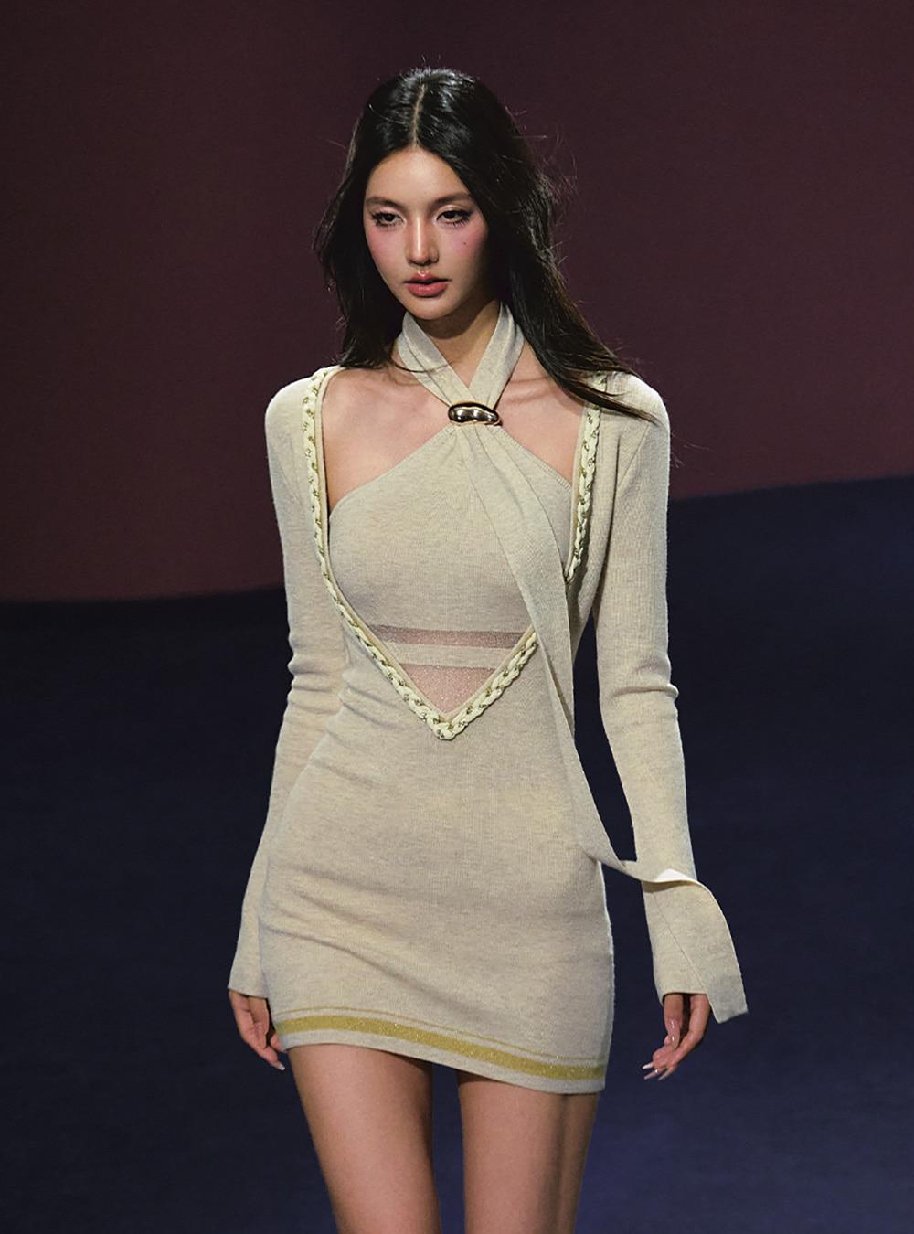 Tweed Detail V-Neck Sheer Layered Dress