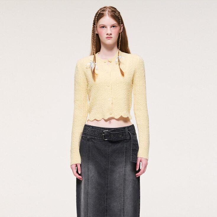 Curling Knit Cardigan, Light Yellow