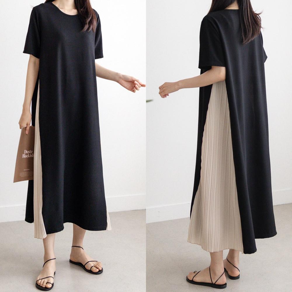 (블랙) 스판 롱 플리츠 원피스 여름 편한원피스 반팔 40대 여성 50 60 중년 엄마 옷