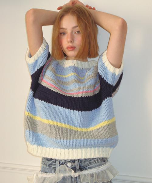 MULTI STRIPE SHORT SLEEVE KNIT SOFT BLUE