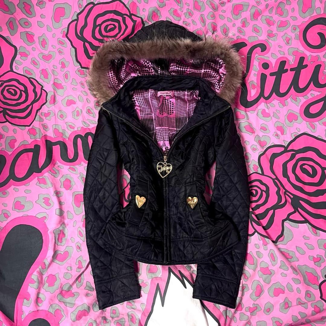 MA*RS마즈 블랙핑크 하트체크 금장 퍼 패딩 히메오네갸루y2k핀터아게하 | 후루츠패밀리