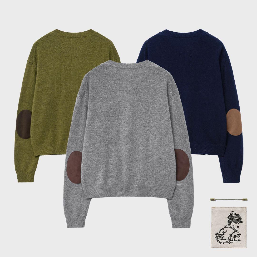 [FashionYakkook X Intempomood] Suede Patch Round Neck Cardigan : 3color