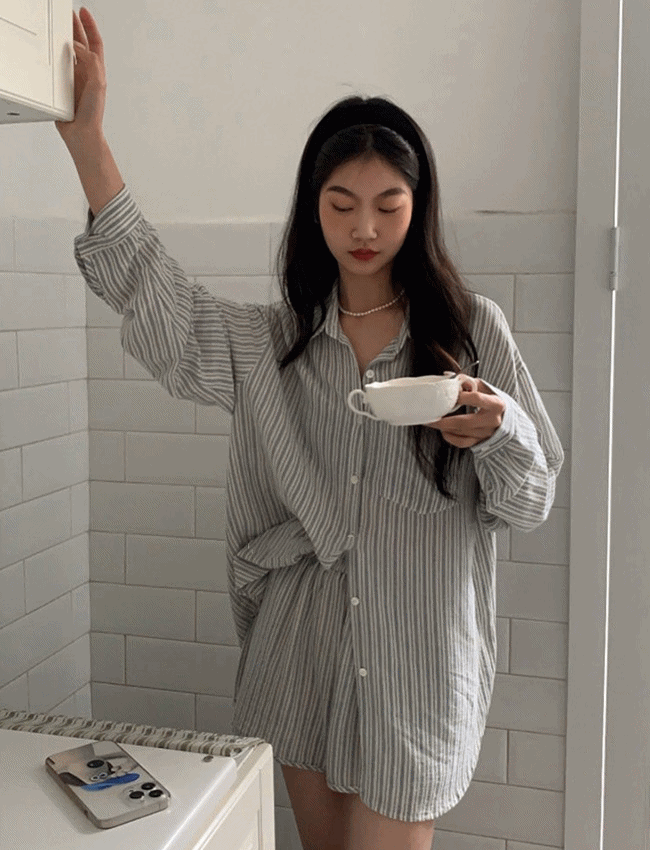 티키 스트라이프 오버핏셔츠 쇼츠 파자마세트set (2color)