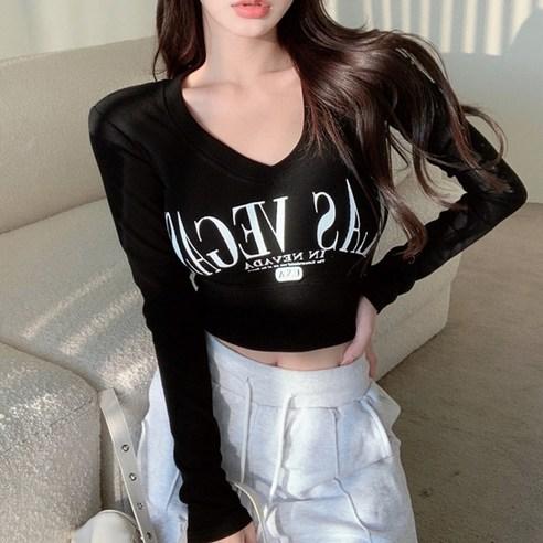 피어니스트 여성용 풀오버 브이넥 슬림핏 크롭 긴팔 티셔츠 R - 티셔츠 | 쿠팡