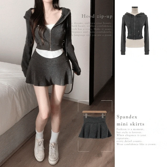 [ 휘뚜루세트🩶] 딱붙핏 크롭 후드집업 치마바지 A라인 스커트 SET