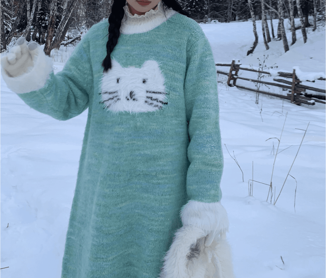 수심 Meow Knit Onepiece 고양이 니트 원피스 겨울 스웨터 민트 롱