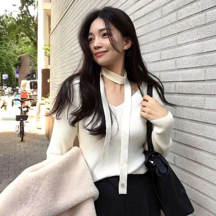 [여울 PICK][머플러 SET] 브이넥 슬림 골지 니트 탑 MDKT122_6 Colors