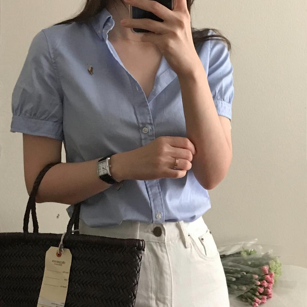 폴로랄프로렌 걸즈 셔링 슬리브 옥스포드 반팔 셔츠
