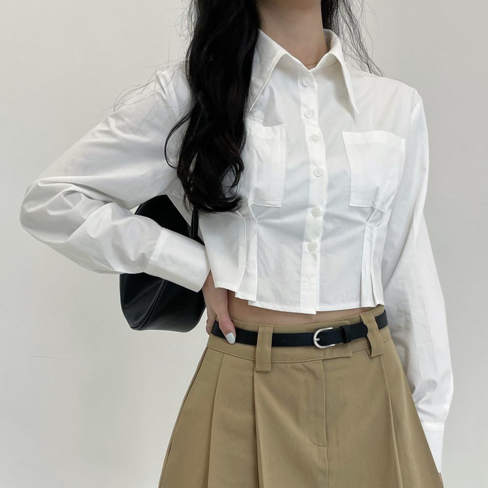 화이트 핀턱 크롭 셔츠