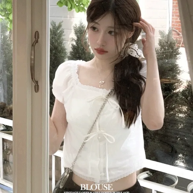 [팔뚝커버핏🤍오프숄더가능]에시리엘 빈티지 레이스 더블 리본 스트랩 퍼프 스퀘어넥 오프숄더 코튼 블라우스 3color