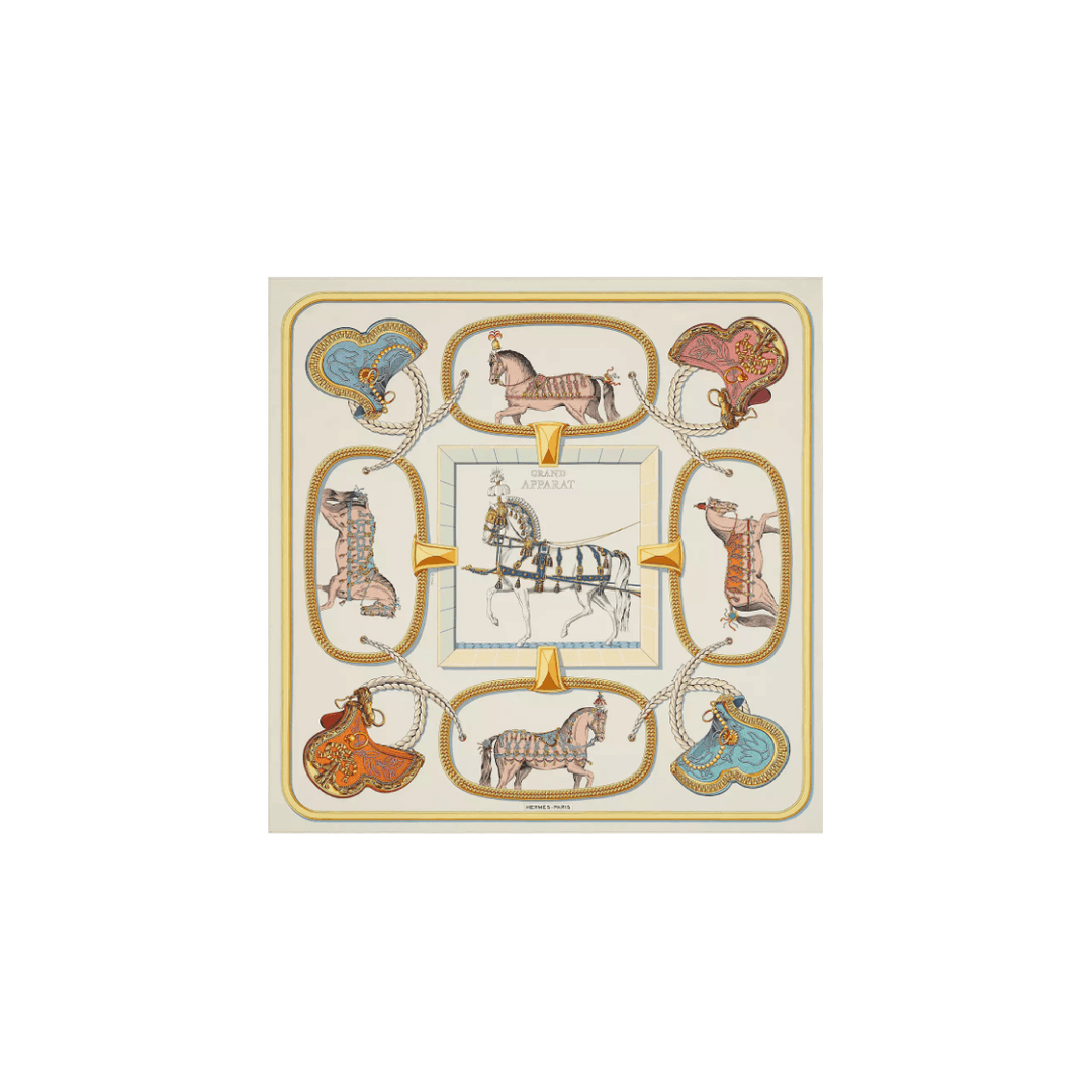 (W) Hermes Grand Apparat Forever Scarf 90 Creme Gold Multicolore
