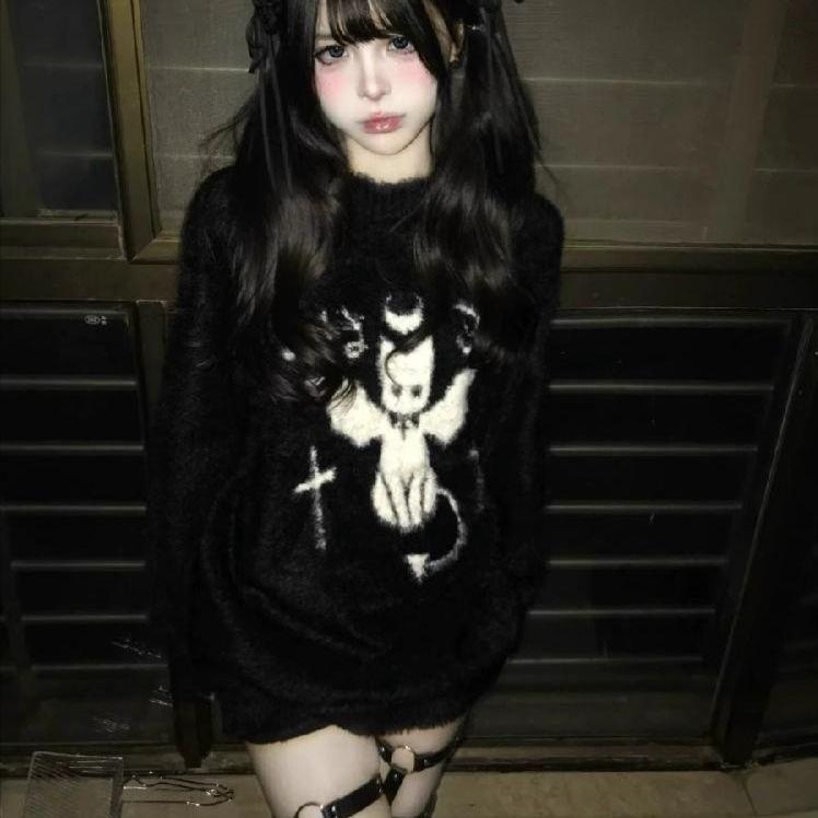 빈티지 악마 니트 스웨터 그런지 갸루