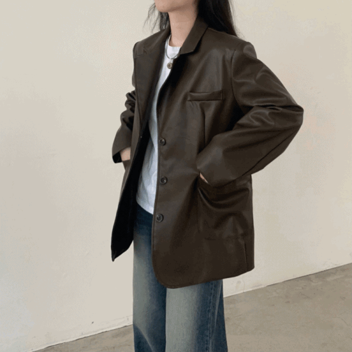 [추천]심플 레더 루즈핏 자켓-2color