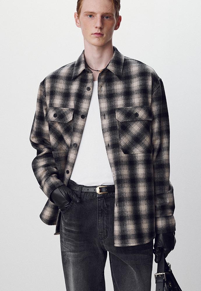 Ombré Wool Check Shirt_ Black/Ecru