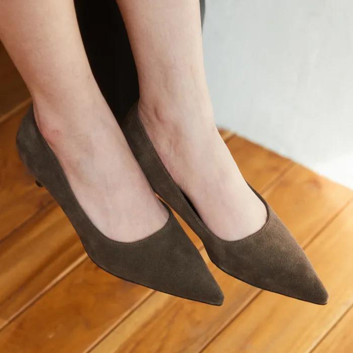 6Colors_핸드메이드 카우 레더&스웨이드 슬림 토우 키튼 힐&플랫 슈즈 2Type l KM327