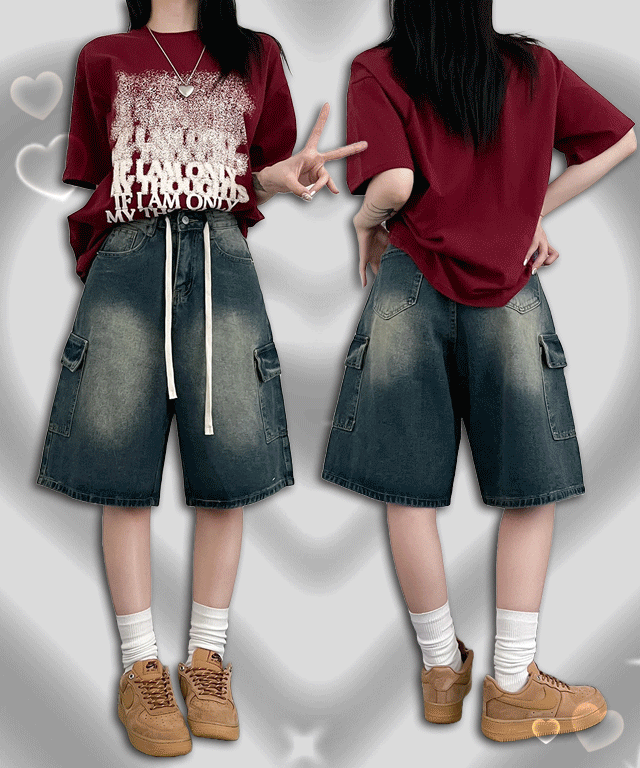 [S~XL]빈티지 카고 데님 버뮤다 반바지