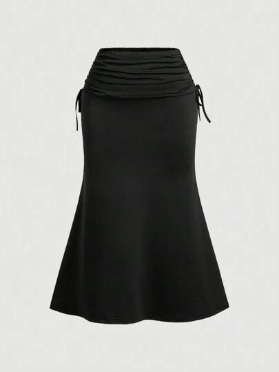 SHEIN MOD Summer Plus Size High Waist Side Drawstring Waist Pleated Hem Fish Tail Long Black Skirt
