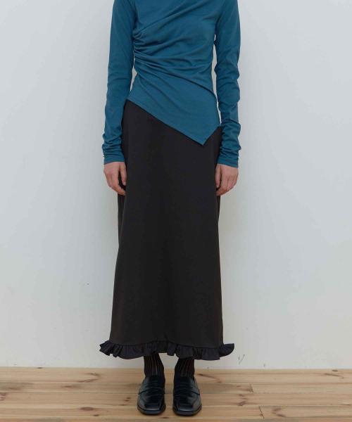 WOOL FRILL LONG SKIRT_BROWN