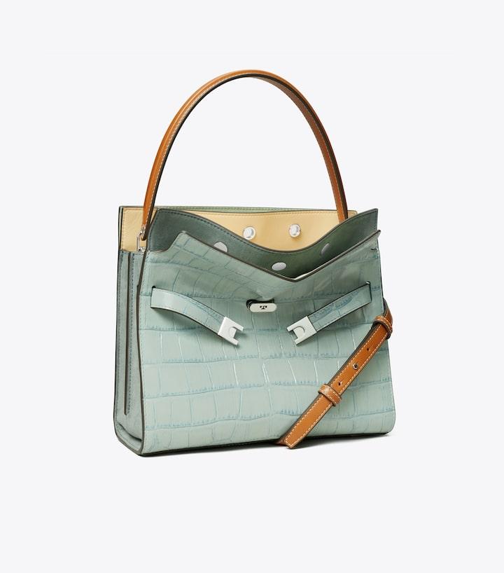Lee Radziwill Croc Embossed Small Double Bag - Blue Celadon