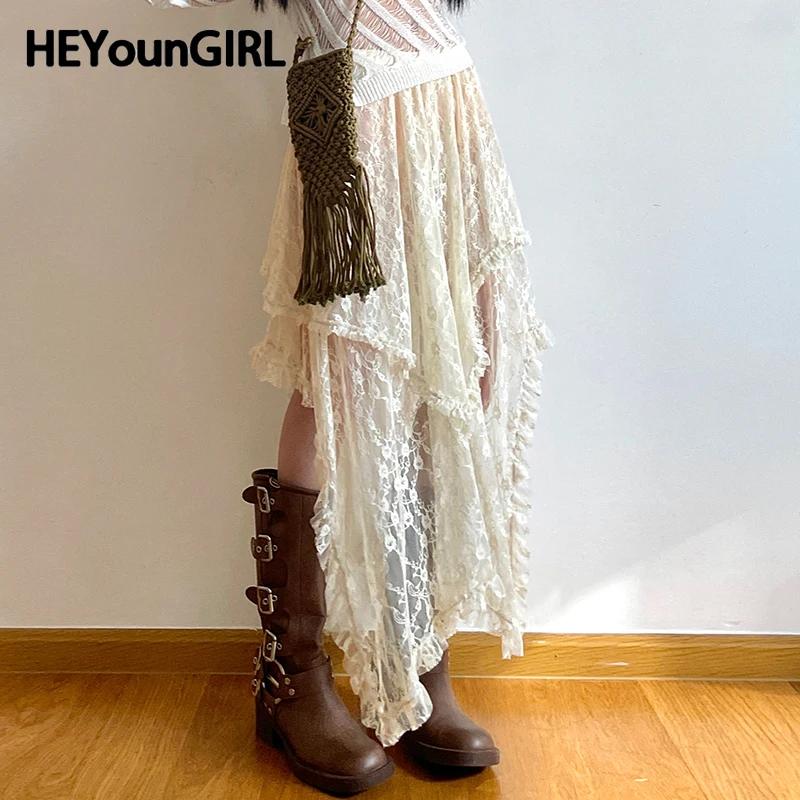 HEYounGIRL 레이스 비대칭 스커트, 페어리코어, Y2K 의류, 하이 웨이스트 패션, 귀여운 미드 스커트, 빈티지 미학 레이디
