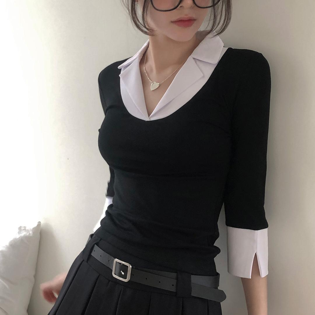 크림치즈마켓 [일체형] 소미 긱시크 일체형 배색 7부 셔츠 긴팔티 - nb