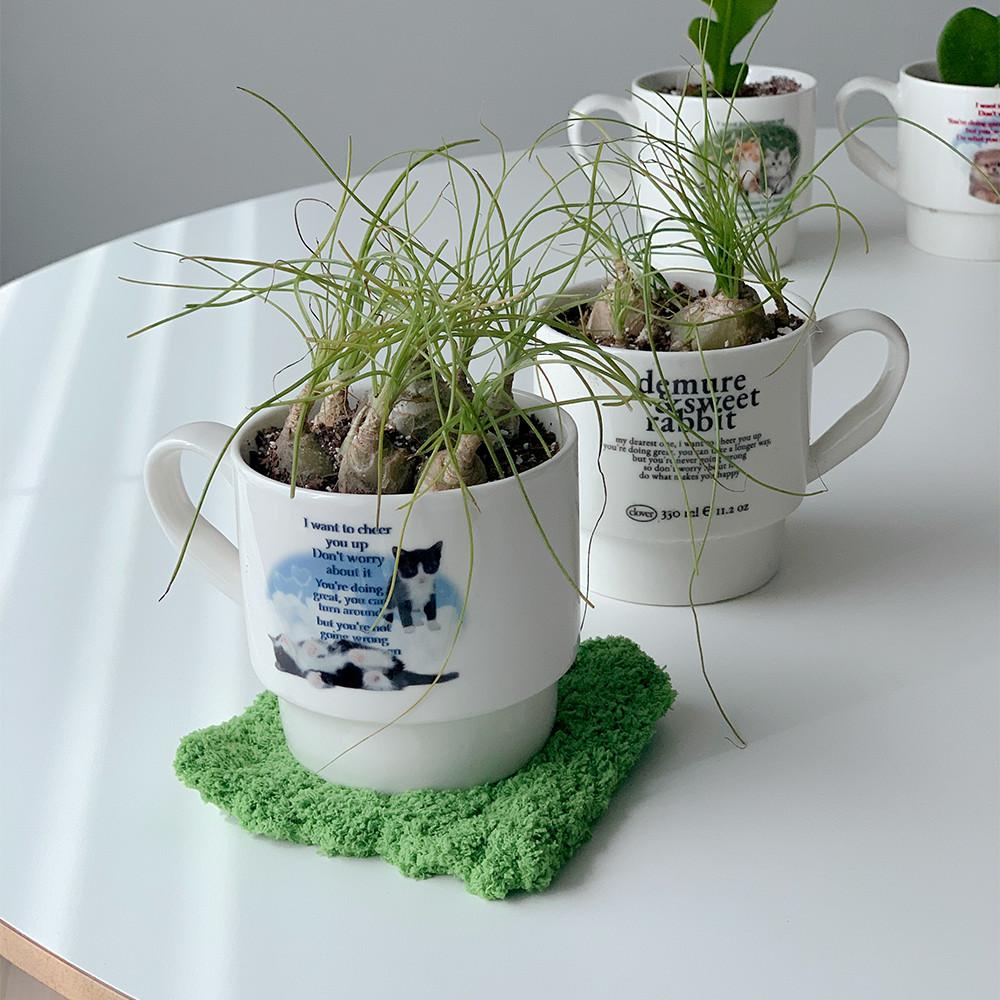 [-B급]작은친구들의위로 머그컵 그린 고양이 강아지 도자기 20대여성 인테리어 소품 화분