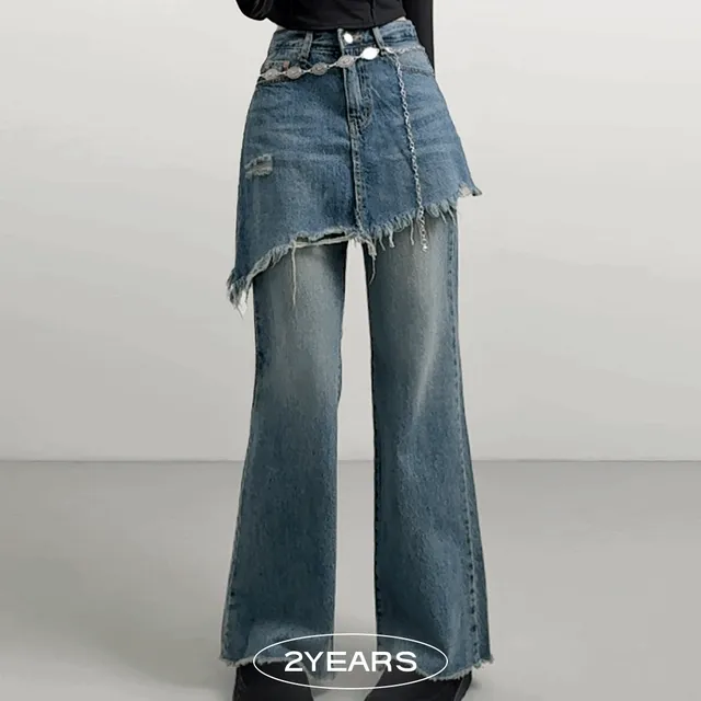 [유니크/빈티지] 언발 데미지 부츠컷 레이어드 스커트 팬츠