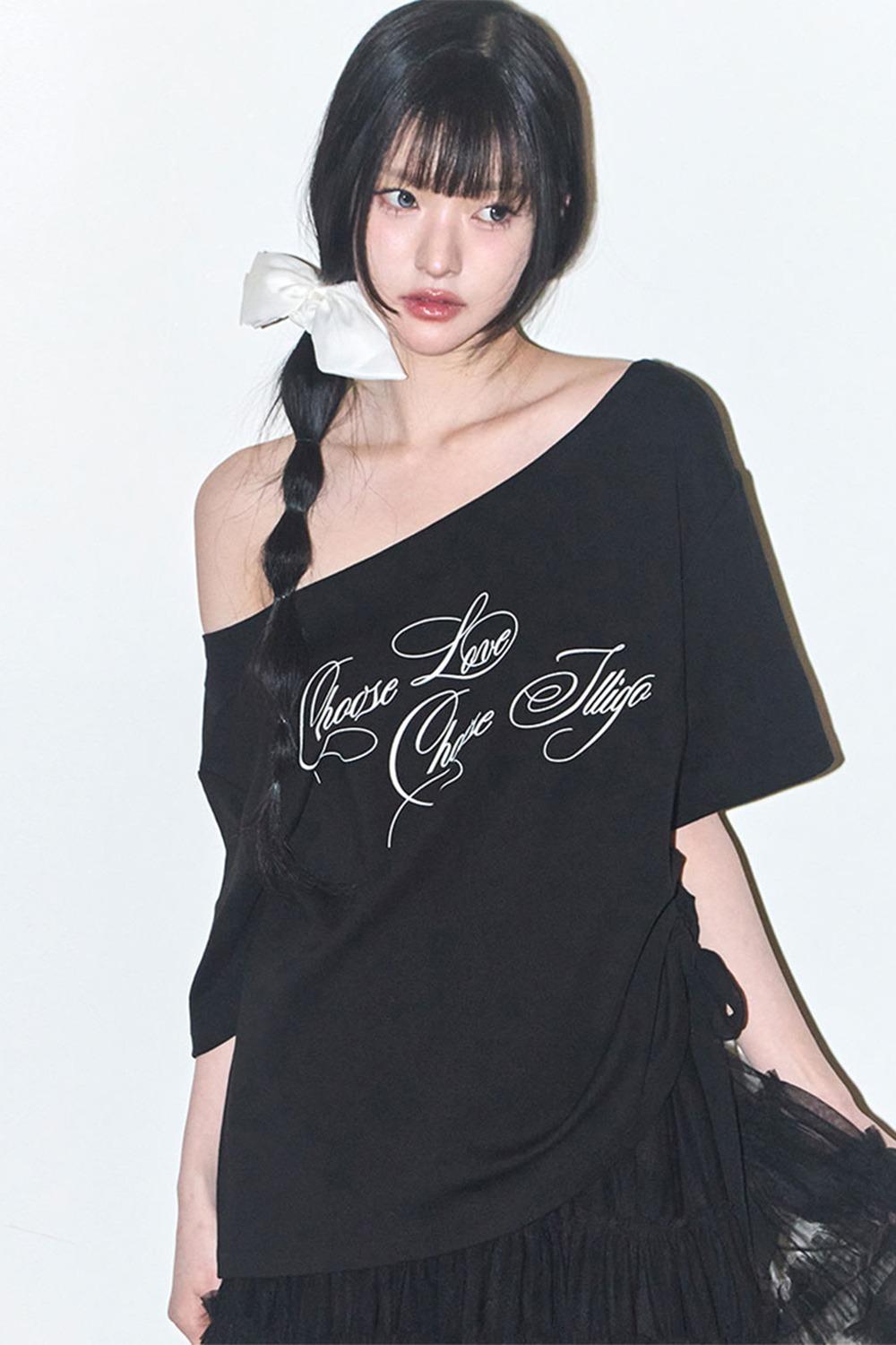 시어 리본 오프숄더 탑 블랙