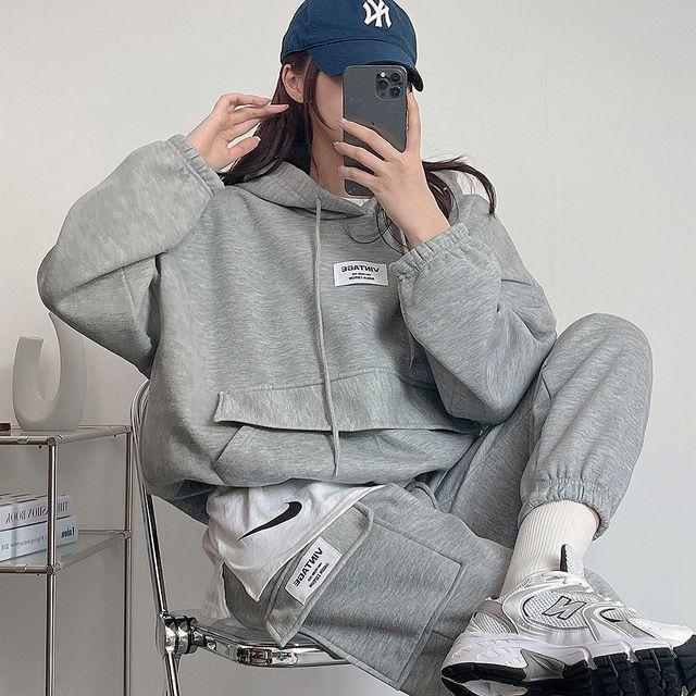 [SET가격] 기모 패치 카고 조거 팬츠+후드 맨투맨 밴딩 시보리 트레이닝 세트 4color_디데이뉴