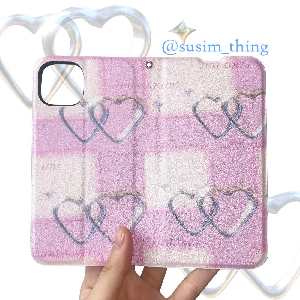 Y2K 하트 키링 다이어리 케이스 지갑형 아이폰 전 기종 플립 휴대폰 레트로 90s 핑크