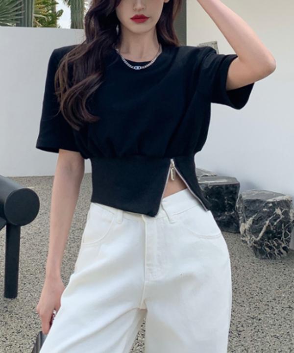 크롭 지퍼 반팔 맨투맨