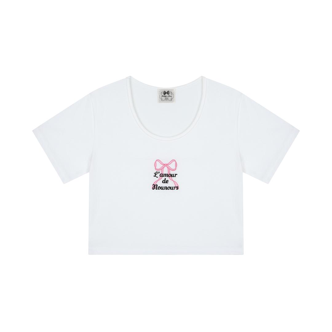 (2023 SS) L'amour de Nounours ribbon crop T-shirts ( White )