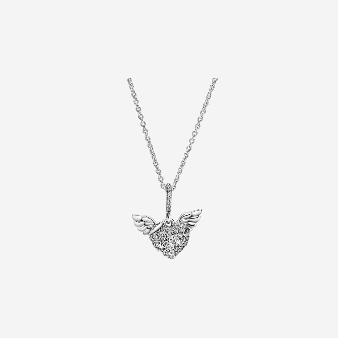 (W) Pandora Pave Heart and Angel Wings Necklace Sterling Silver Clear