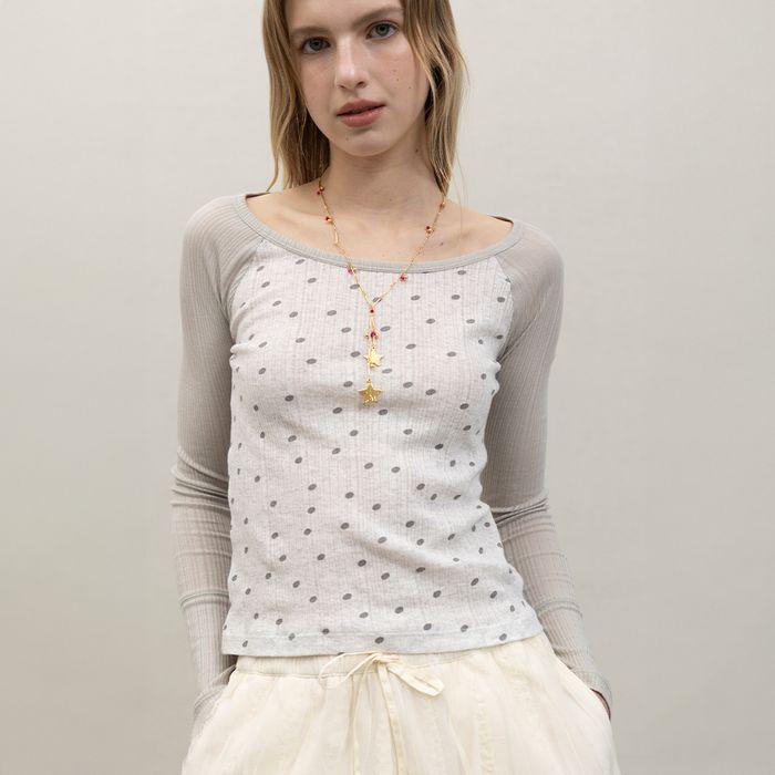 Sheer Polka Dot Raglan Top - Melange Grey