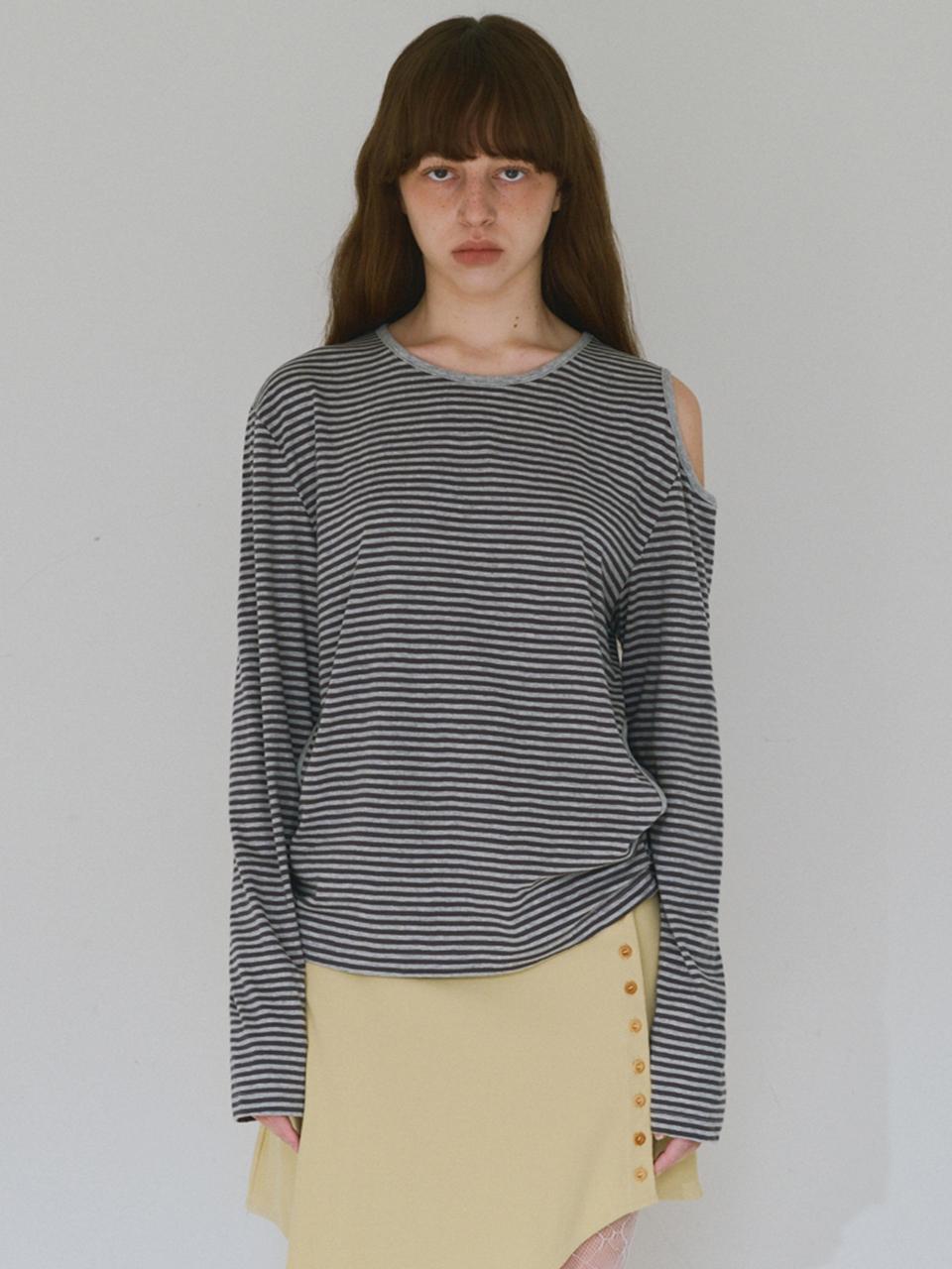 Cut Out Stripe T-shirts [Melange Gray]