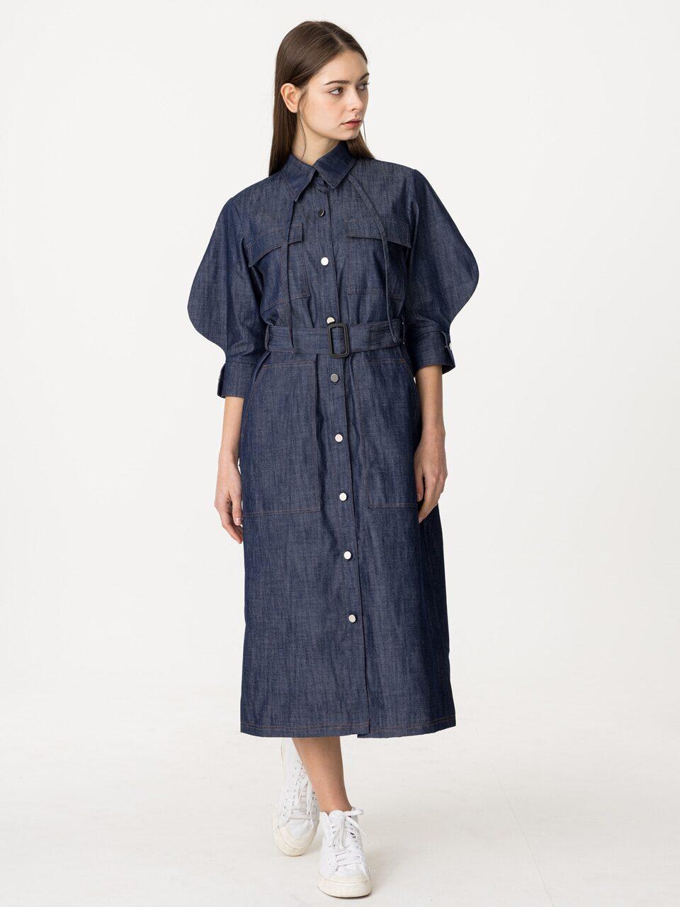 데님페스타👖 [분더가이스트] 비숍슬리브 7부소매 스트링 데님 롱원피스