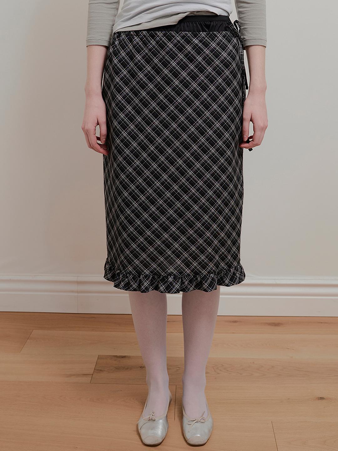 [SET] FRILL LAYERED CHECK SKIRT - BLACK
