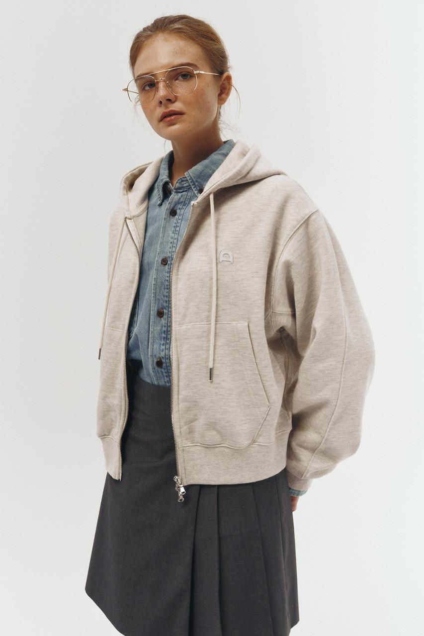 UNISEX LEATHER LOGO ZIP-UP HOODIE OATMEAL MELANGE