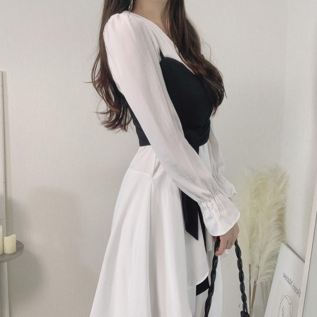 조이어블 [페미닌무드/고퀄리티] 브이넥 크롭 리본 뷔스티에 프릴 언발 캉캉 쉬폰 롱 원피스 투피스 세트