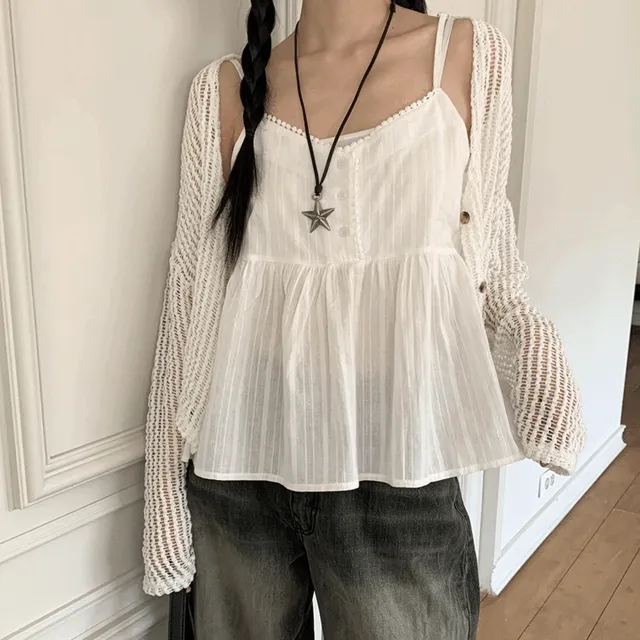 커빙 빈티지 브이넥 단추 레이스 끈 조절 나시 슬리브리스