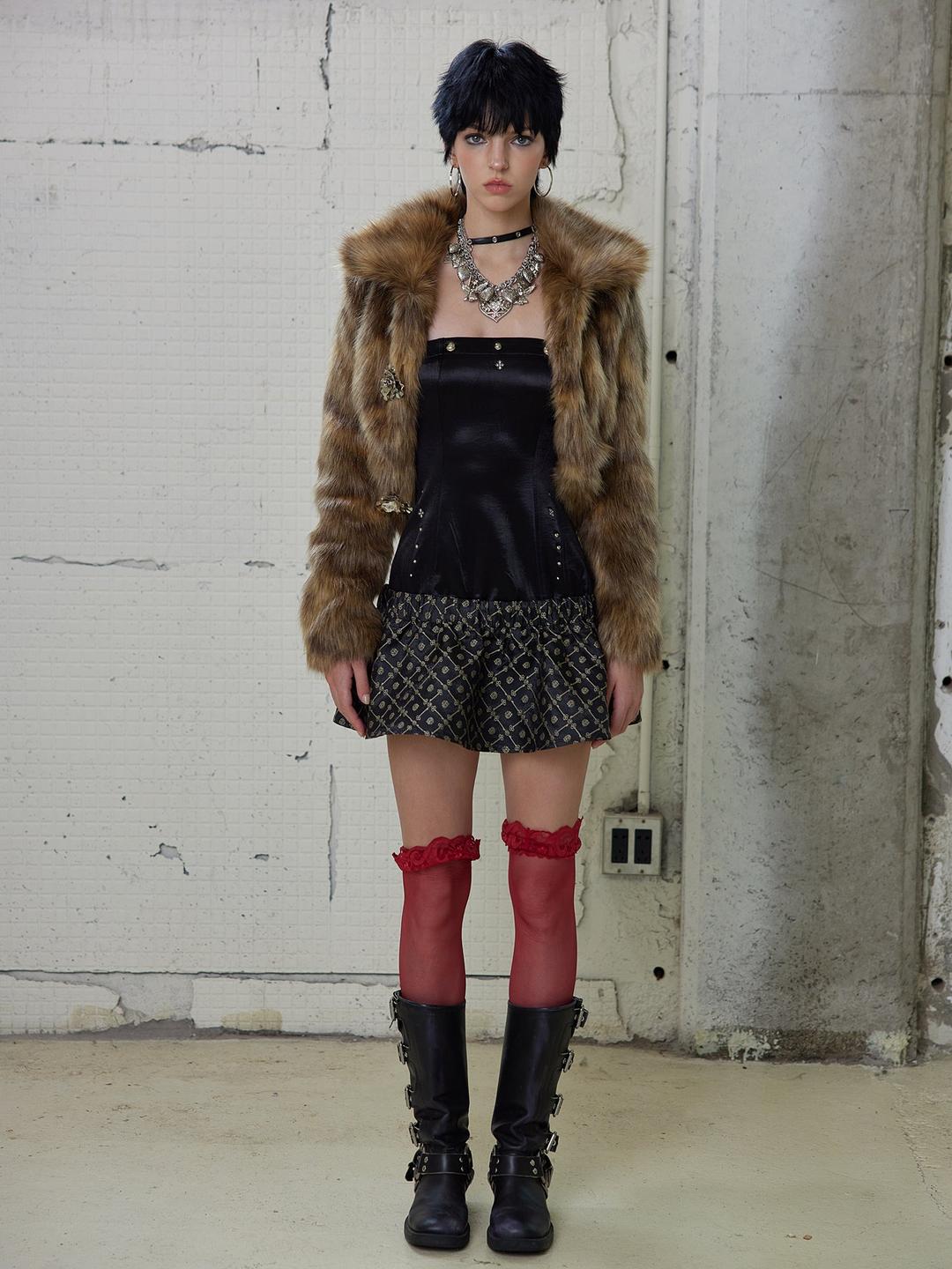 [G0072]Short-collar Eco-friendly Faux Fur Coat